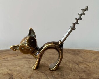 Cat Corkscrew and Bottle Opener, Solid Brass, Vintage Mid Century Barware, Multipurpose Bar Tool, Quirky Gift for Cat Lover
