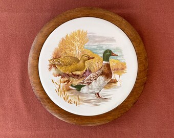Duck Trivet, Wood and Ceramic with Mallard Illustration, Country Kitchen Hot Plate, Retro Bird Illustration Teapot Stand