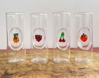 Mid Century Italian Glass Shot Glasses with 3D Lampwork Fruit, Set of 4, Murano Style Aperitivo, Italian Summer Barware