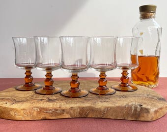 1970s Luminarc France Amber Stem Aperitif Glasses, Set of 5 Small Liqueur Sherry Glasses, Retro Glassware, Mid Century Barware