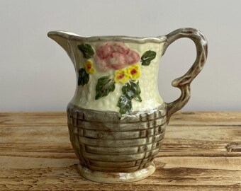 1930s Crown Devon Fieldings Ceramic Creamer, Basketweave & Floral Retro Milk Jug