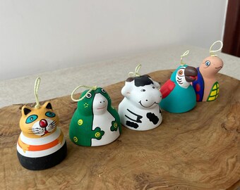 Vintage Terracotta Animal Bells Set, Mismatched Mexican Folk Art Menagerie, Whimsical Clay Chimes, Boho Eclectic Shelf Decor