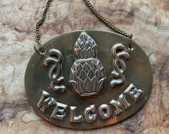 Brass Welcome Sign | Mid Century Pineapple Door Plaque | Hanging Metal Porch Decor | Retro Home Entrance Gift
