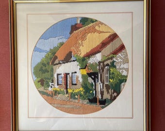Vintage Thatched Cottage Needlepoint | Framed English Countryside Tapestry Wall Art | Retro Needlepoint Wall Hanging | Cottagecore Decor