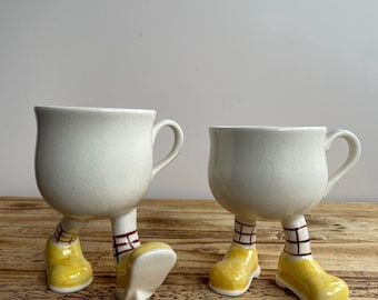 Carlton Ware Walking Ware Mugs, 1980 Retro Footed Ceramic Cups with Yellow Shoes