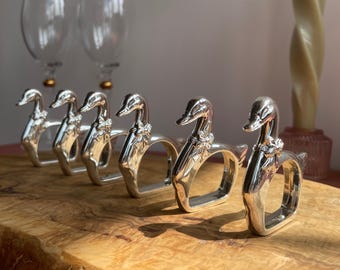 Vintage Silver Duck Napkin Rings Set of 6, Country Cottage Tablescape Decor, Animal Place Settings, Quirky Dinner Party Hostess Gift