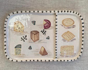 Hand Painted Ceramic Cheese Board, 1962 Studio Pottery Angela Edwards, Illustrated Cheese and Biscuits Charcuterie Platter