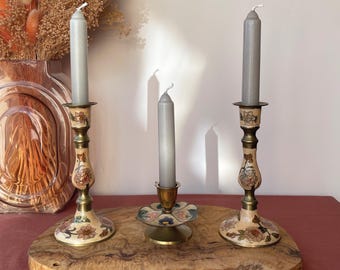 1970s Brass Enamel Candle Holder Set of 3, Indian Floral Champlevé Candlesticks & Chamberstick, Boho Tablescape Decor