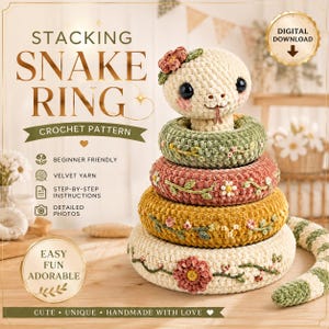 Crochet Snake Stacking Ring Pattern PDF, Amigurumi Baby Toy, Handmade Floral Newborn Gift, Montessori Nursery Decor (Digital File Download)