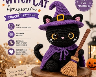 May include: A black amigurumi cat wearing a purple witch hat with a yellow buckle and a matching purple cape. The cat has large yellow eyes, a pink nose, and holds a brown broom. Text includes WITCH CAT AMIGURUMI CROCHET PATTERN and PDF DIGITAL DOWNLOAD.