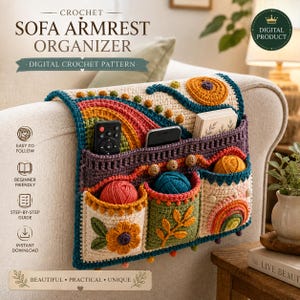 May include: A crochet sofa armchair organizer featuring a digital pattern design. The organizer has multiple pockets containing yarn balls, a remote, and a smartphone. It displays text including "CROCHET SOFA ARMREST ORGANIZER" and "DIGITAL PRODUCT".