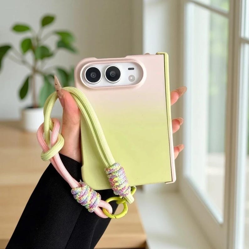 Ligh Color Gradient IPhone Duo Gradient Color Block Lanyard Foldable Phone Case Protective ...