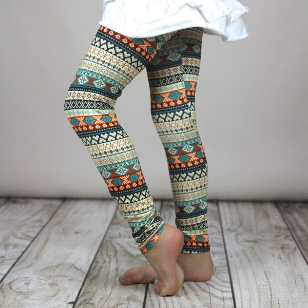 CLEARANCE! Aqua/Orange Aztec Print Leggings, Adult legging, girls leggings, toddler legging, baby legging, aztec legging