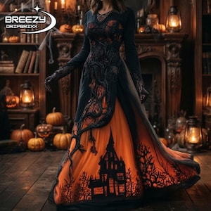 Puede incluir: Un vestido negro de manga larga con escote en V, superposiciones de encaje negro intrincado y un panel de falda naranja vibrante. La falda muestra una silueta negra de una casa encantada y árboles desnudos, con detalles de encaje.