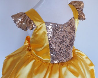 Girls princess Belle dress gold sequin tutu yellow Beauty and the Beast costume Birthday Party