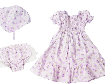 Vintage Floral Smocked Dress, Bonnet, Bloomers Set Easter