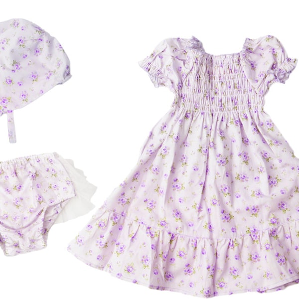 baby girls dress Vintage purple violet floral fabric smocked dress, bloomers and bonnet heirloom set liberty