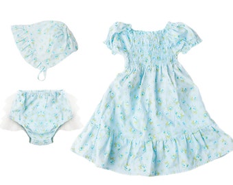 Vintage Floral Baby Easter Dress bloomers and bonnet Set, Smocked Heirloom Outfit