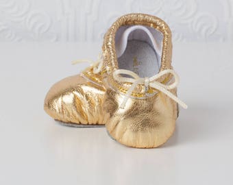 Baby Ballet Slippers - Gold - premie newborn toddler ballet baby shoes moccasins leather