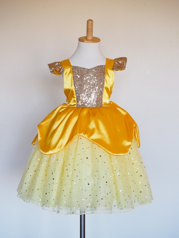 Girls princess Belle dress gold sequin tutu yellow Beauty and the Beast costume Birthday Party