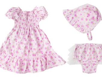 Baby Girl Smocked Easter Dress, Pink Floral Cotton, Bonnet & Bloomers Set