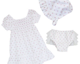 baby girls dress Vintage rosebud smocked dress, bloomers and bonnet heirloom set