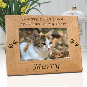 Cat Memorial Gift Personalized Picture Frame, Choice of Pawprints In Heaven Pawprints On My Heart or On Our Hearts, Family Pet Loss Gift