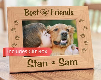 Personalized Dog Picture Frame, Custom Pet Gifts for Mom Dad Kids, New Puppy Keepsake, Engraved Wood Photo Display