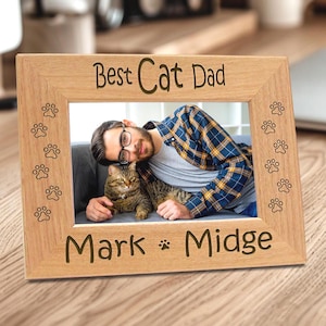 Cat Dad Frame Personalized Photo Engraved Wooden Picture Display Funny Gift Office Pet Lover Perfect Present Keepsake