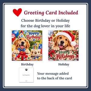 May include: A greeting card set featuring two designs: a golden retriever wearing a party hat with a birthday cake, and a golden retriever in a Santa hat with the text Happy Holidays. A square card template shows a paw print icon.