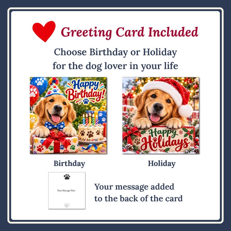 May include: A greeting card set featuring two designs: a golden retriever wearing a party hat with a birthday cake, and a golden retriever in a Santa hat with the text Happy Holidays. A square card template shows a paw print icon.
