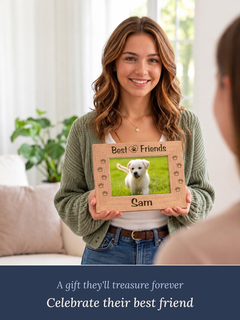 May include: A rectangular light-colored wooden picture frame featuring the engraved text "Best Friends" at the top with a paw print icon, and the name "Sam" at the bottom. The frame is decorated with small engraved paw prints.