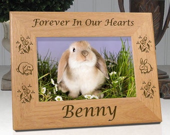 Rabbit Memorial Picture Frame Personalized with Name and Bunny Graphics. Choice of Quotes - Forever In My Heart or Forever In Our Hearts.