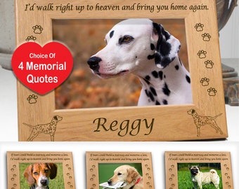 Custom Name 5x7 Dog Breed Memorial Picture Frame. Choice of 60 Dog Breed Images and 4 Different Dog Loss Quotes. Fast Ship & Sympathy Card.