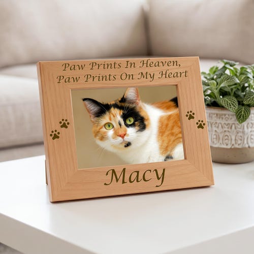 Memorial Frame for Cats, Personalized Pet Loss Gifts, Custom Engraved Name Wooden Keepsake, Gift Box with Sympathy Card, Fast Ship