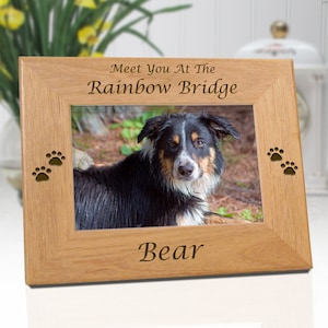 Rainbow Bridge Engraved Wooden Picture Frame - Personalized With Name & Date - Free Sympathy Card - Fast Ship