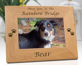 Rainbow Bridge Engraved Wooden Picture Frame - Personalized With Name & Date - Free Sympathy Card - Fast Ship