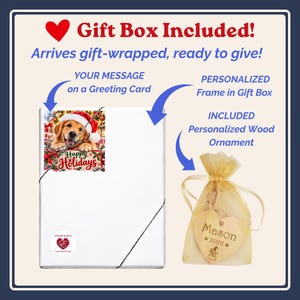 May include: A white gift box featuring a greeting card with a golden retriever wearing a Santa hat and the text Happy Holidays. Beside it, a gold organza drawstring bag contains a heart-shaped wooden ornament engraved with Mason 2026.