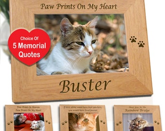 Cat Memorial Frame - Personalized With Name and Cat Paw Prints - Choice of 5 Remembrance Quotes - Quality Pet Loss Gift for Family & Friends