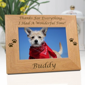 Regalo commemorativo per gli amanti dei cani, cornice per foto in vero legno incisa, personalizzata con nome, citazione di condoglianze "Grazie di tutto", contiene foto 4x6
