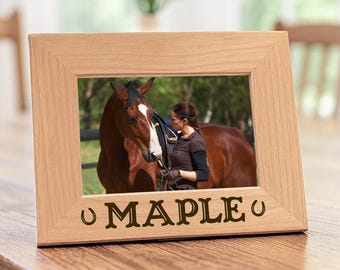 Horse Picture Frame, Minimalist Wooden Horseshoe Display, Personalized Equestrian Gift Decor, Custom Engraved Name Rustic Desk Decoration