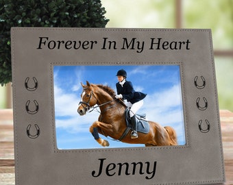 Leather Picture Frame for Horses Personalized with Name. Choice of "Forever In My Heart" or "Forever In Our Hearts". Fast Shipping