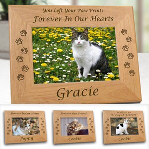 Gepersonaliseerde fotolijstjes kattenverlies, keuze uit 8 herdenkingscitaten, optionele herdenkingsdatums, gratis condoleancekaart en snelle verzending.