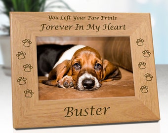 Dog Memorial Frame Personalized With Name - Choice Of In My Heart or In Our Hearts - Free Gift Box & Sympathy Card