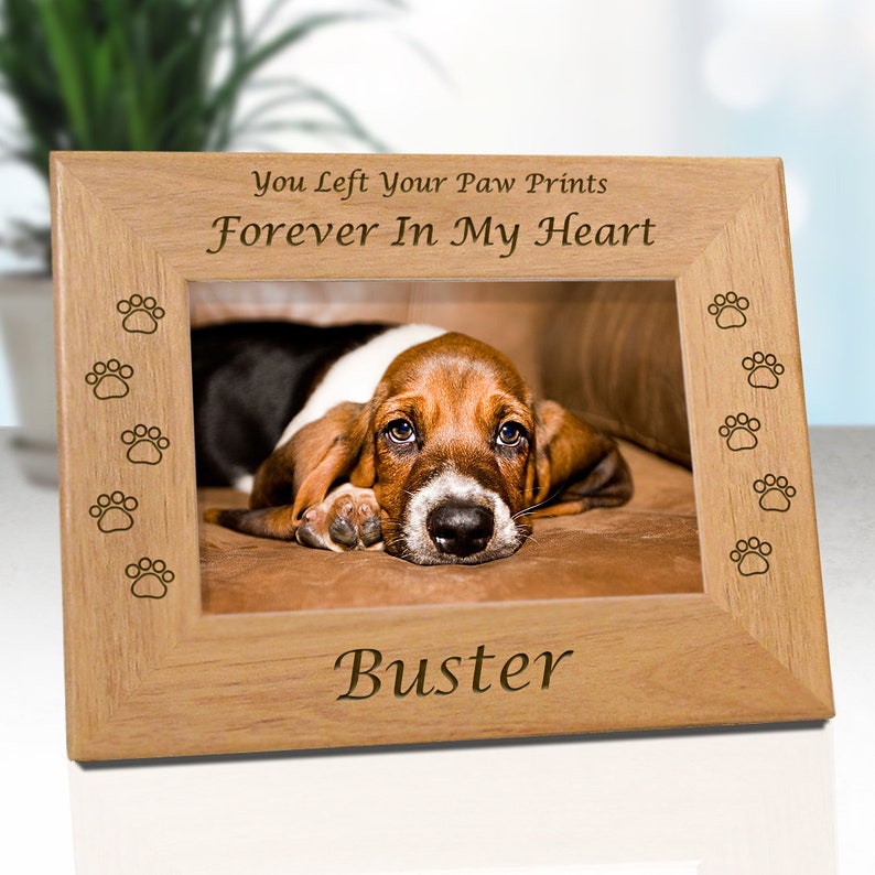 Dog Memorial Frame Personalized With Name - Choice Of In My Heart or In Our Hearts - Free Gift Box & Sympathy Card 