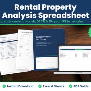 Rental Property Analysis Spreadsheet digital download hero image: printed pages and tablet showing the real rental property analysis spreadsheet pages