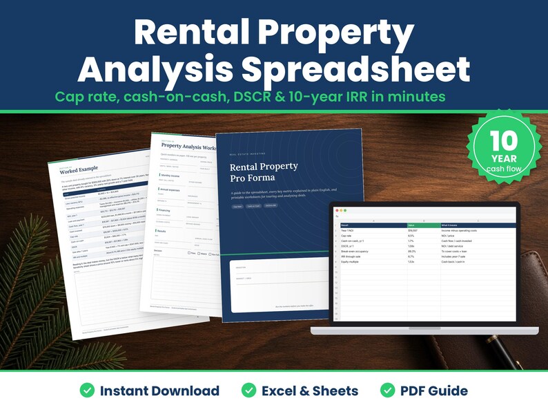 Rental Property Analysis Spreadsheet digital download hero image: printed pages and tablet showing the real rental property analysis spreadsheet pages