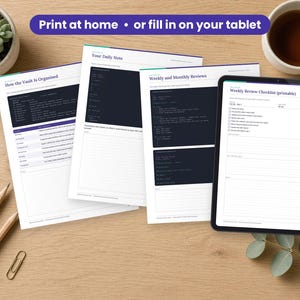 Markdown Notes Vault Template printed on a desk and shown on a tablet, printable and fillable