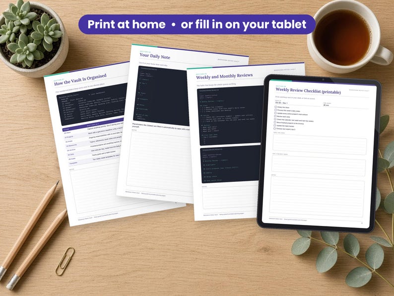 Markdown Notes Vault Template printed on a desk and shown on a tablet, printable and fillable
