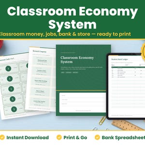 Classroom Economy System digital download hero image: printed pages and tablet showing the real classroom economy system pages
